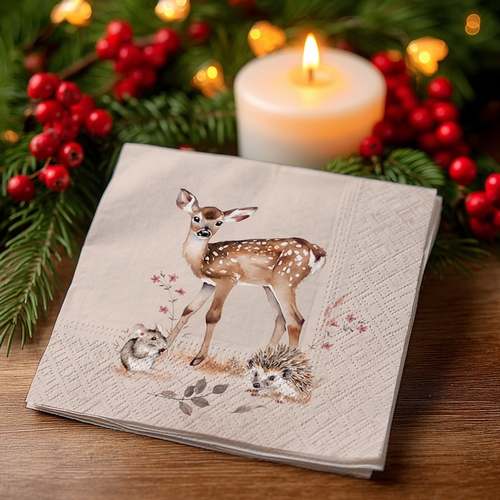20 kleine Cocktailservietten Forest Tales - Waldtiere mit einzelnen Blättern 25x25cm