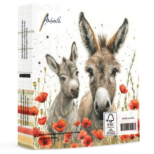 20 Servietten Lilly & Lou - Eselfamilie an Mohnblumen 33x33cm