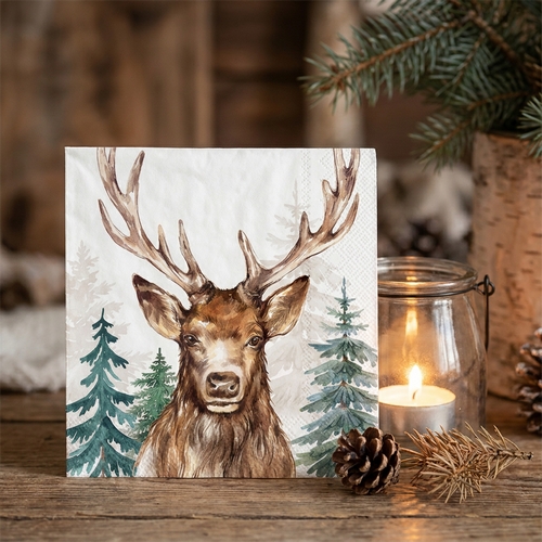 20 Servietten The Woodland King white - Hirsch im tiefsten Wald weiß 33x33cm