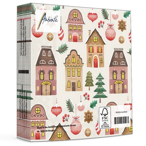 20 Servietten Christmas at Home cream - Einzelne Häuser und Bäume 33x33cm
