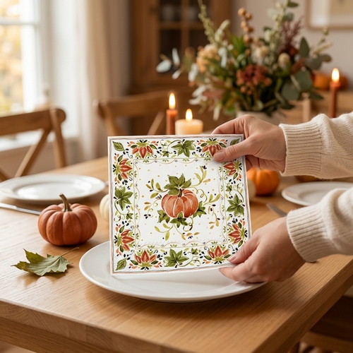 20 Servietten Pumpkins with Ornaments - Kürbis mit Blätter-Umrandung 33x33cm