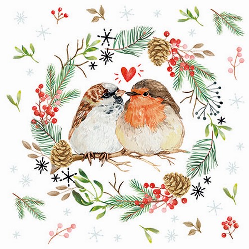 20 Servietten Sparrow and Robin - Verliebtes Vogelpaar im Winter 33x33cm