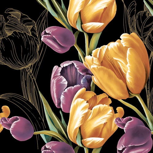 20 Servietten Majestic Tulips on Black - Elegante Tulpen auf schwarz 33x33cm