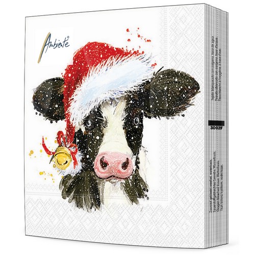 20 Servietten Christmas Cow Bell - Kuh mit Weihnachtsmütze 33x33cm