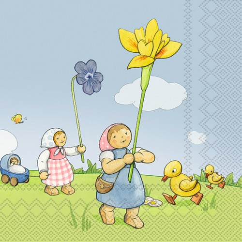 20 Servietten Mädchen mit Iris - Holzfiguren für den Frühling 33x33cm