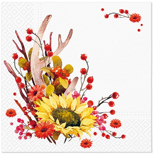 20 Servietten Harvest Season - Sonnenblume an Herbstgesteck 33x33cm