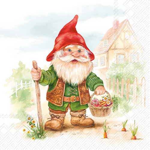20 Servietten Gilbert - Gartenzwerg sammelt im Garten 33x33cm