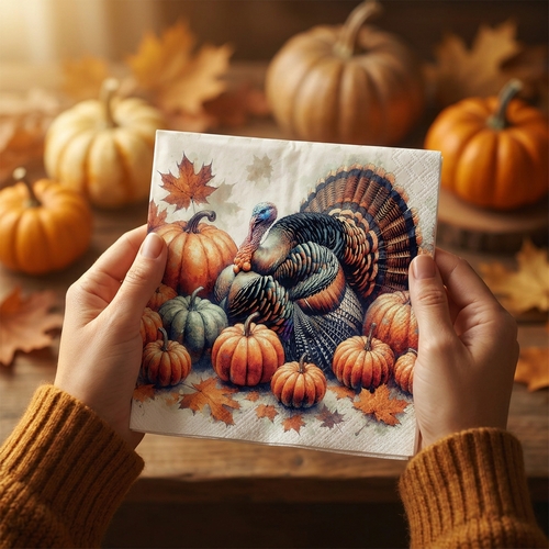 20 Servietten Turkey - Truthahn an Kürbisse 33x33cm