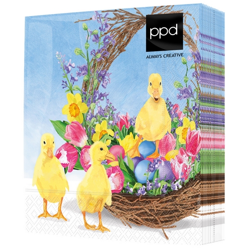 20 Servietten Les Canettes - Küken im bunten Osterkorb 33x33cm