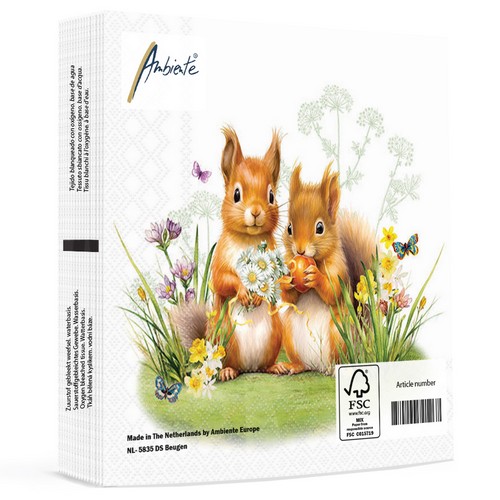 20 Servietten Little Squirrels - Eichhörnchen-Paar an Blumen 33x33cm
