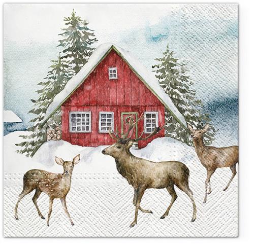 20 Servietten Red House in the Snow - Hirsche an Winterhütte im Gebirge 33x33cm
