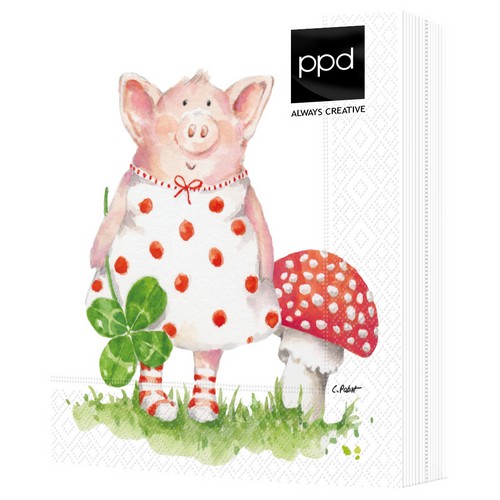 20 Servietten Lucky Piggy - Schwein am Fliegenpilz 33x33cm