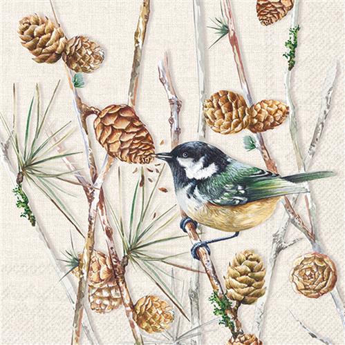 20 Servietten Bird on Branch cream - Vogel umgeben von Zapfen 33x33cm