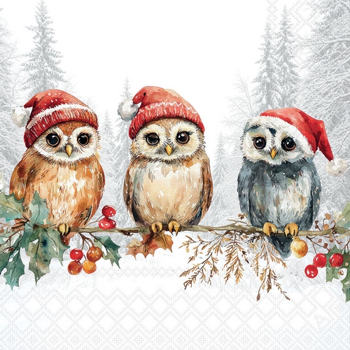 20 Servietten Wise Owls - Eulen mit Weihnachtsmütze 33x33cm