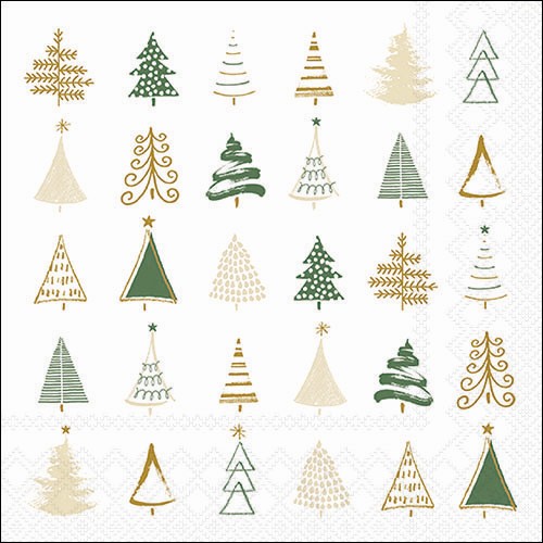 20 Servietten Christmas Tree Doodles green - Moderne Baumformen grün-gold  33x33cm