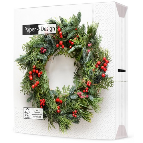 20 Servietten Merry berry wreath - Natürlicher Kranz mit Beeren 33x33cm