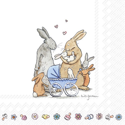 20 Servietten Welcome Baby - Hasen mit Hasenbabys 33x33cm