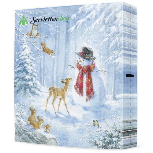 20 Servietten Snowmen´s Friends - Tiere spielen mit Schneemann 33x33cm