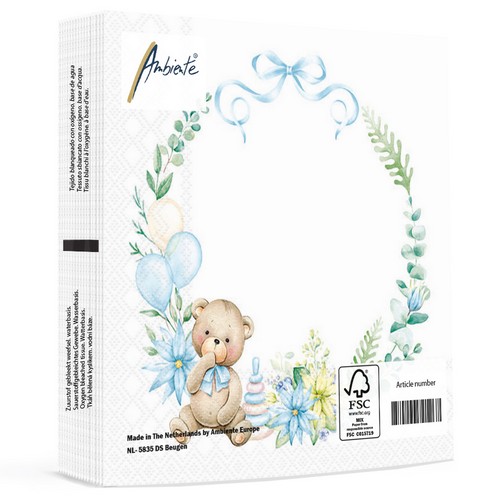 20 Servietten Baby Teddy Bear blue - Teddy im blauen Kranz 33x33cm