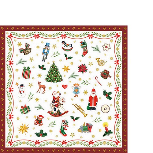 20 kleine Cocktailservietten Ornaments all over red - Kleine Weihnachtssymbole rot 25x25cm