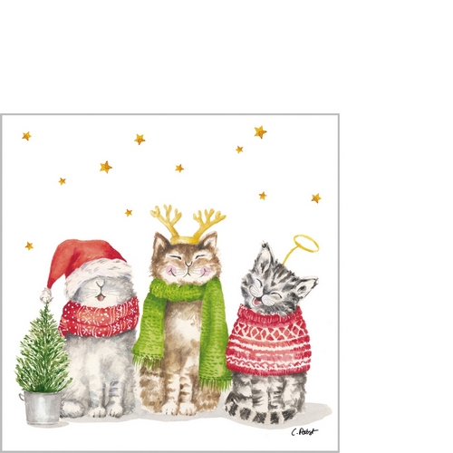 20 kleine Cocktailservietten Sacred Cats - Singende Katzen im Winteroutfit 25x25cm