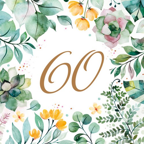 20 Servietten Floral Frame 60 - Zahl 60 in grünen Blättern 33x33cm