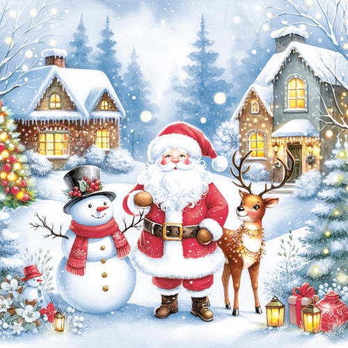 20 Servietten Cozy Winter Scene with Santa - Santa mit Schneemann und Rentier 33x33cm