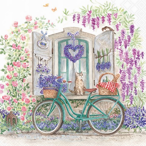 20 Servietten Bike with Basket - Fahrrad vor Blumenfenster 33x33cm
