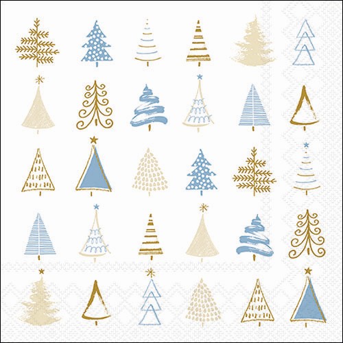 20 Servietten Christmas Tree Doodles blue - Moderne Baumformen blau-gold  33x33cm
