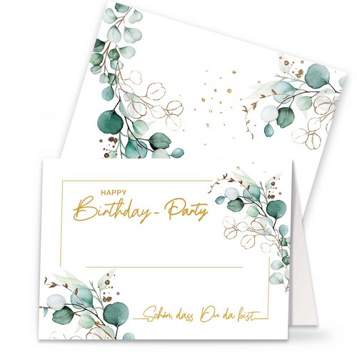20 Tischkarten Eucalyptus Happy Birthday - Happy Birthday um Eukalyptus A7, 10,5cm, Höhe 7,4cm