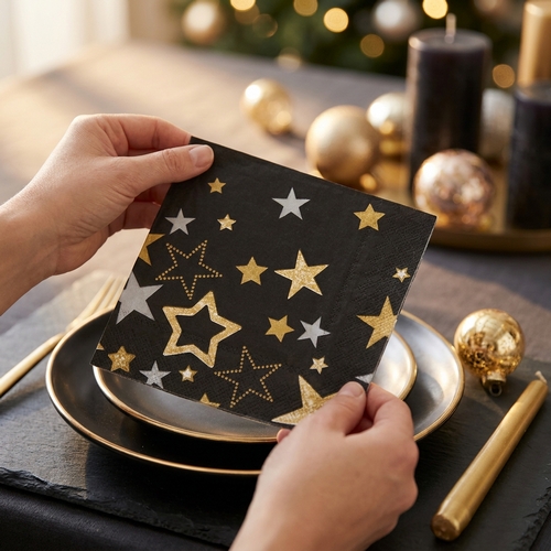 20 Servietten Sparkling Stars black - Sterne in gold und silber auf schwarz 33x33cm