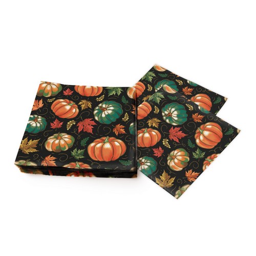20 Servietten Pumpkins with Maple Leaves - Kürbisse und Blätter auf schwarz 33x33cm
