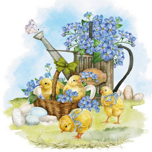 20 Servietten Forget-Me-Not & Chicks - Küken an Vergissmeinnicht 33x33cm