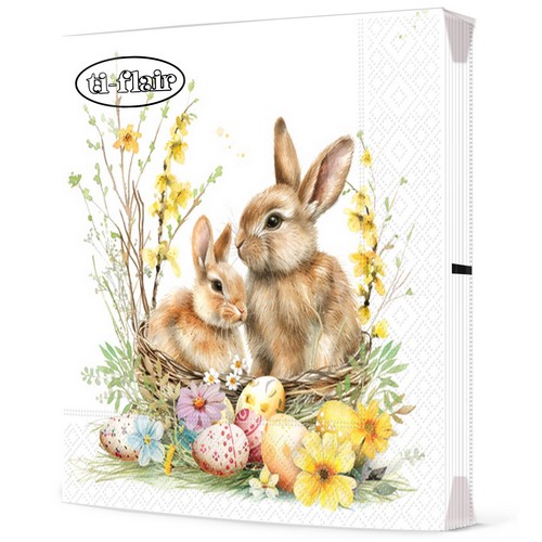 20 Servietten Bunnies in a Basket - Hasenpaar im Osternest 33x33cm