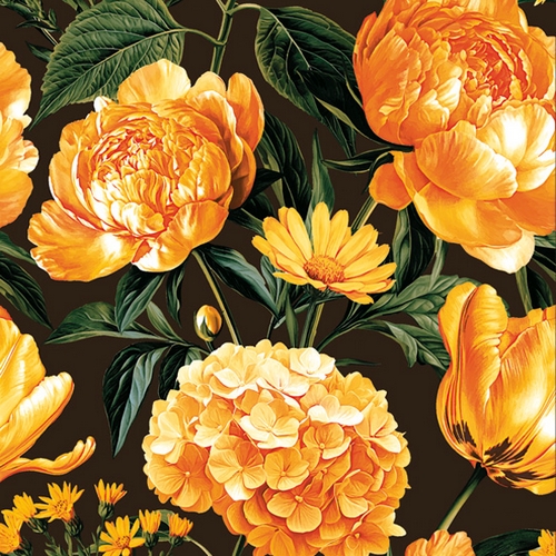 20 Servietten Yellow Flowers on Black - Pfingstrosen und Hortensien orange 33x33cm