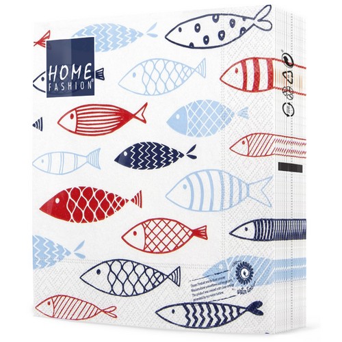 20 Servietten Fish on Tour - Fische im Schwarm rot-blau 33x33cm