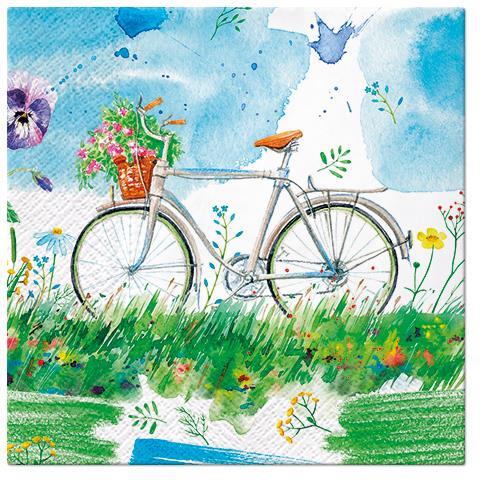 20 Servietten Watercolor Bicycle - Blumenfahrrad auf Wiese 33x33cm