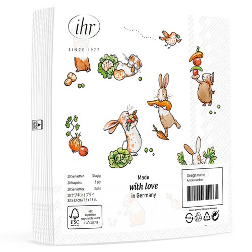20 Servietten Little Farmers - Comic Hasen und Meerschweinchen 33x33cm