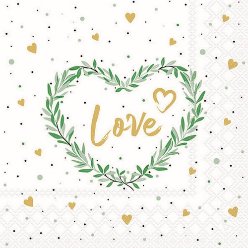 20 Servietten Lots of Love white - Love im grünen Herz 33x33cm
