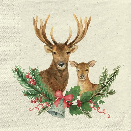 20 Servietten nachhaltig Gras Traditinal Christmas - Hirschpaar an Zweige 33x33cm
