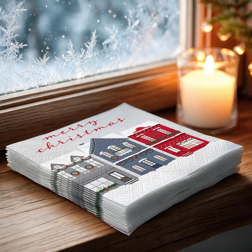 20 kleine Cocktailservietten Christmas In Town - Weihnachtshäuser Merry Christmas 25x25cm