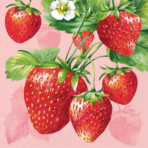 20 Servietten Strawberry Fruits red - Große Erdbeeren auf rosa 33x33cm