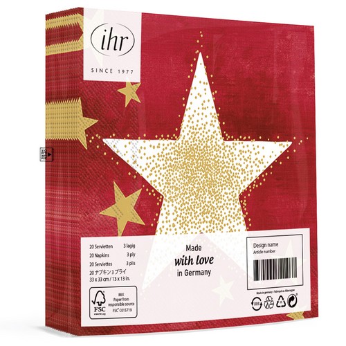 20 Servietten Shining Stars red gold - Goldener Schimmer auf Stern rot 33x33cm