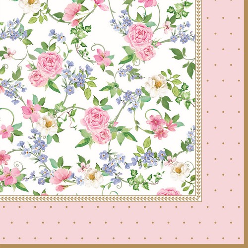 20 Servietten Garden Joy - Kleine Rosen an Punkte-Bordüre 33x33cm
