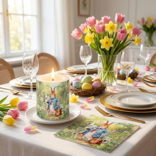 Kerze rund klein Mister Rabbit  - Hasenmann im Garten Ø 7,5cm, Höhe 9cm