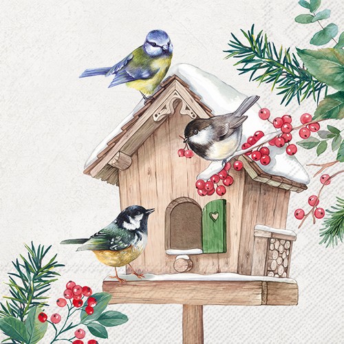20 Servietten Birds Meeting Point - Vögel am winterlichen Vogelhaus 33x33cm