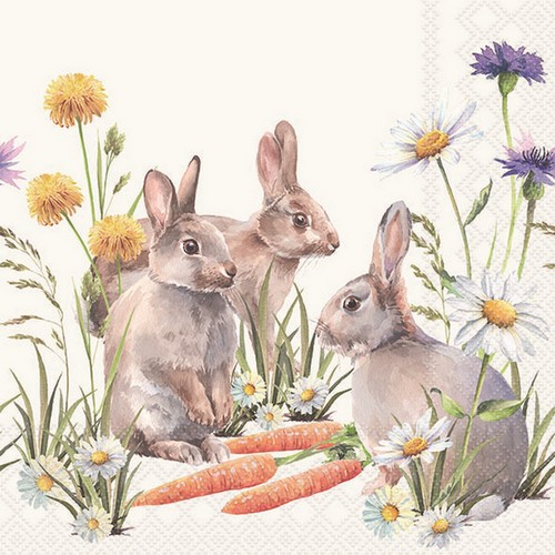 20 Servietten Carrot Treat - Hasen mit Möhren im Gras 33x33cm
