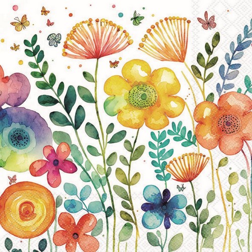 20 Servietten Vibrant spring white - Moderne, bunte Frühlingswiese 33x33cm