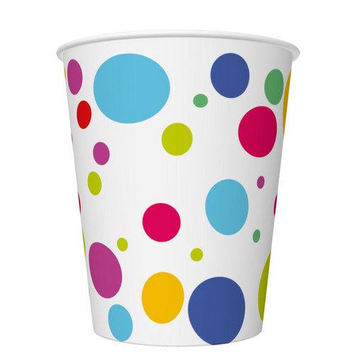 8 Pappbecher Happy B´Day Dots - Geburtstag mit bunten Punkten 250ml Ø5,5-8cm, H9cm