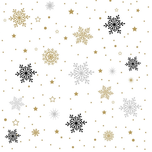 20 Servietten Glittery Flakes - Filigrane Schneeflocken schwarz / gold 33x33cm